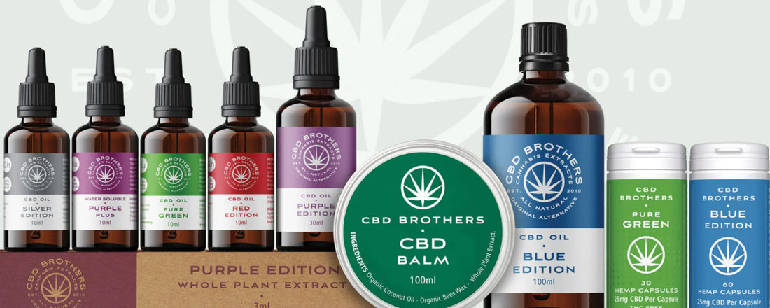 CBD Brothers product range including oils, capsules and balm