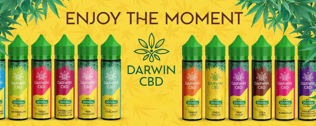Darwin CBD logo with CBD-infused e-liquid product range