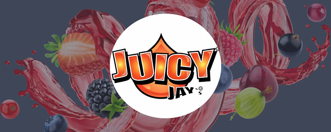 Juicy Jay logo with fruit splash background