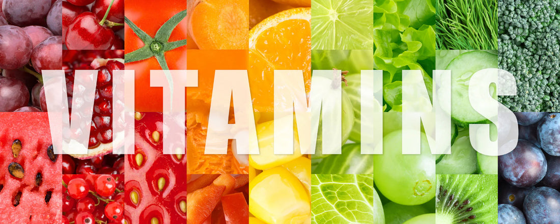 A selection of fruit and vegetables with text: 'VITAMINS'