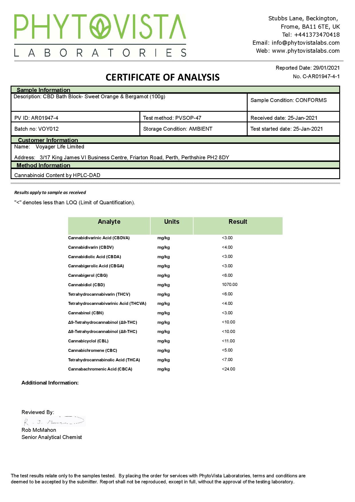 Voyager 100mg CBD Sweet Orange & Bergamot Bath Block - 100g - lab report | The CBD Hut