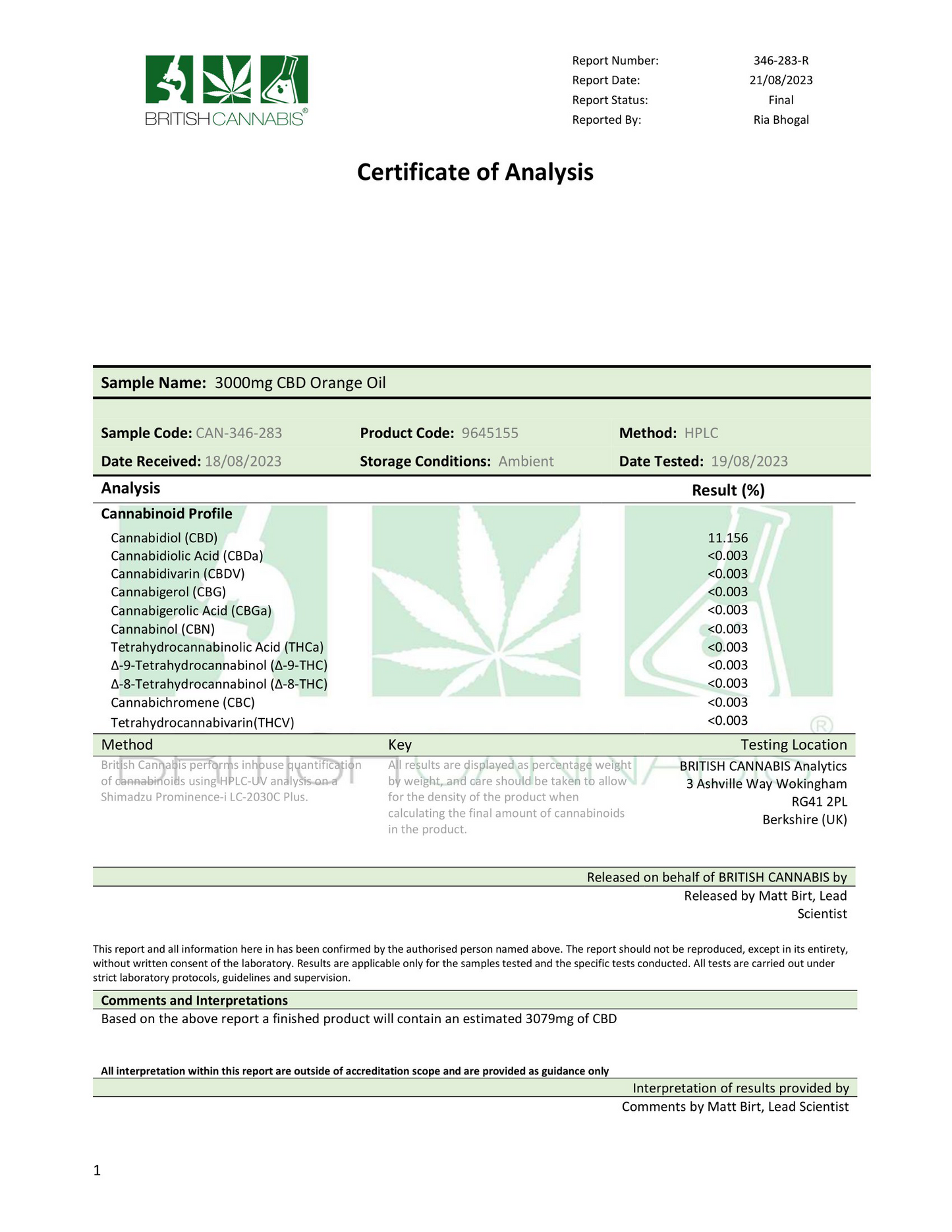 Hempura 3000mg Precision Sport CBD Broad Spectrum Oil Orange Flavoured - 30ml - lab report | The CBD Hut