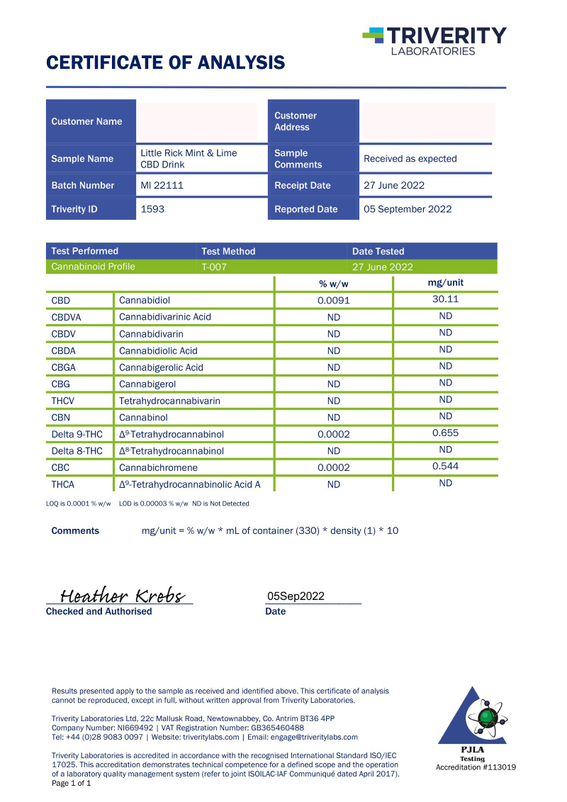 12 x Little Rick Drink 32mg CBD Sparkling 330ml Mint & Lime - lab report | The CBD Hut