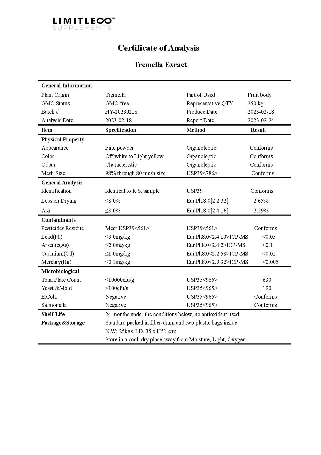The Shroom Shop Tremella Mushroom 45000mg Capsules - 90 Caps - lab report | The CBD Hut