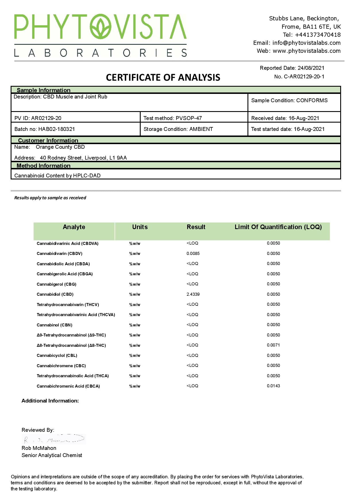 Orange County 1000mg CBD Muscle And Joint Balm - 50ml - lab report | The CBD Hut