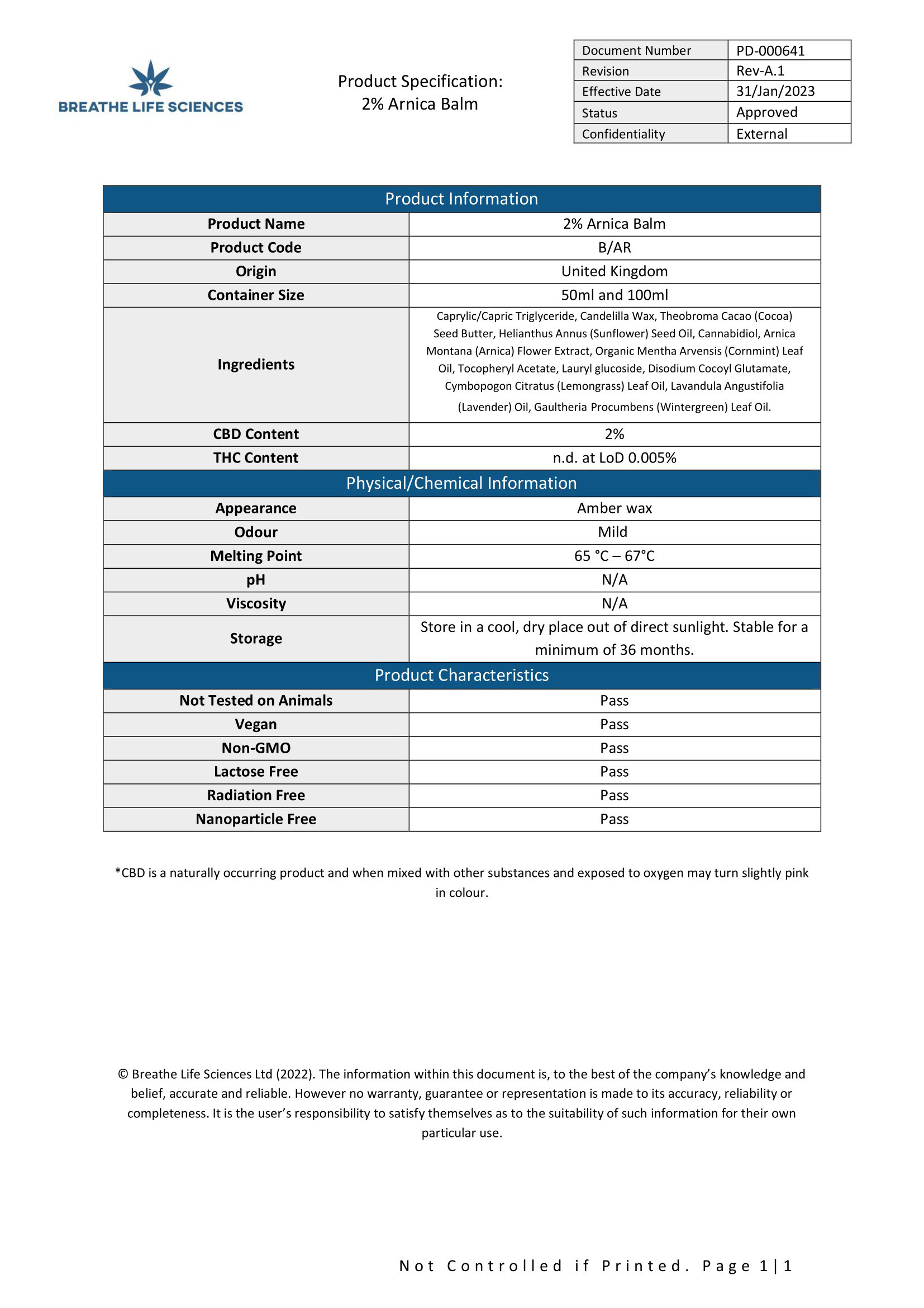 Dr Watson 1000mg CBD Arnica Balm - 50ml - certificate of analysis | The CBD Hut