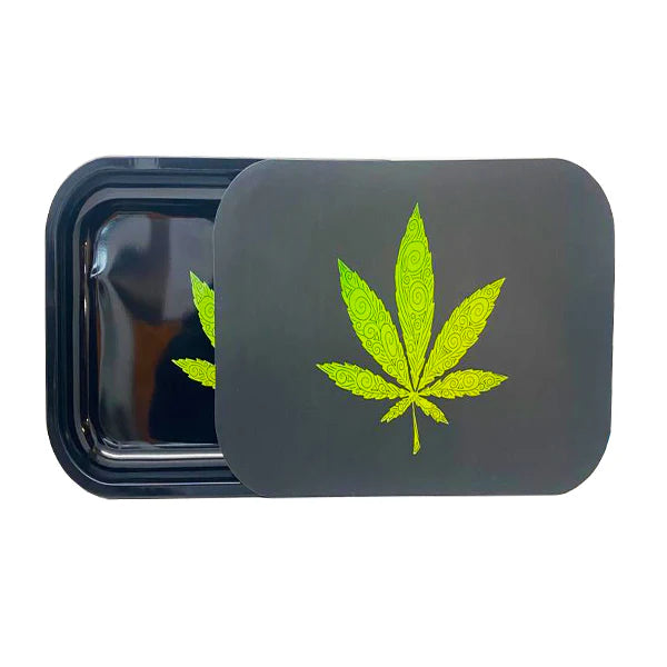 Mixed Design Large Metal Rolling Trays with Magnetic Lid - Black with green hemp leaf | The CBD Hut