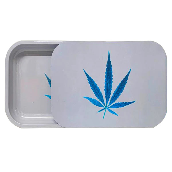 Mixed Design Large Metal Rolling Trays with Magnetic Lid - White with Blue Hemp Leaf | The CBD Hut