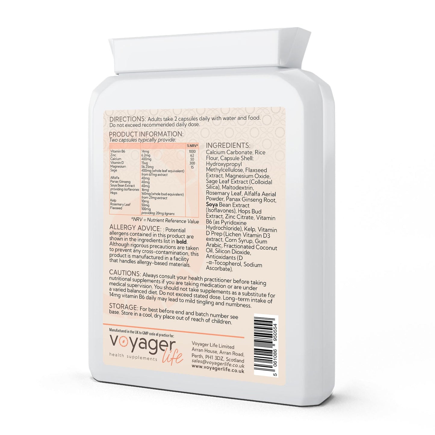 Voyager Women Bone & Hormone Support 60 Capsules - back view
