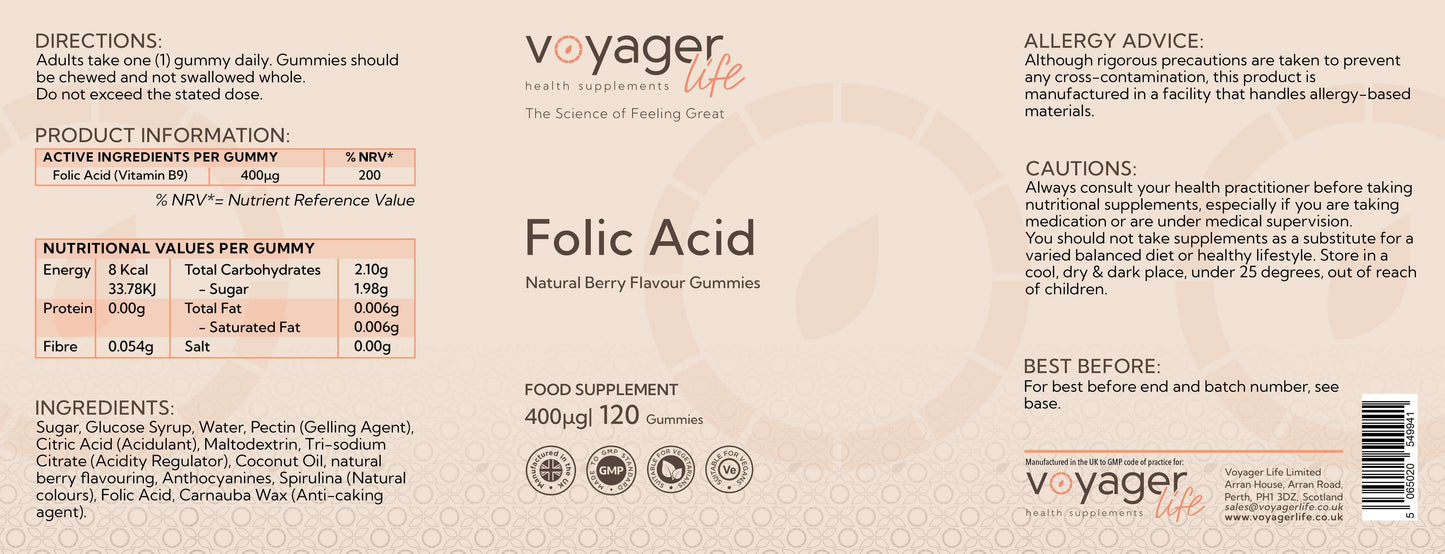 Voyager Folic Acid 400µg - 60 Natural Berry Flavour Gummies - front view