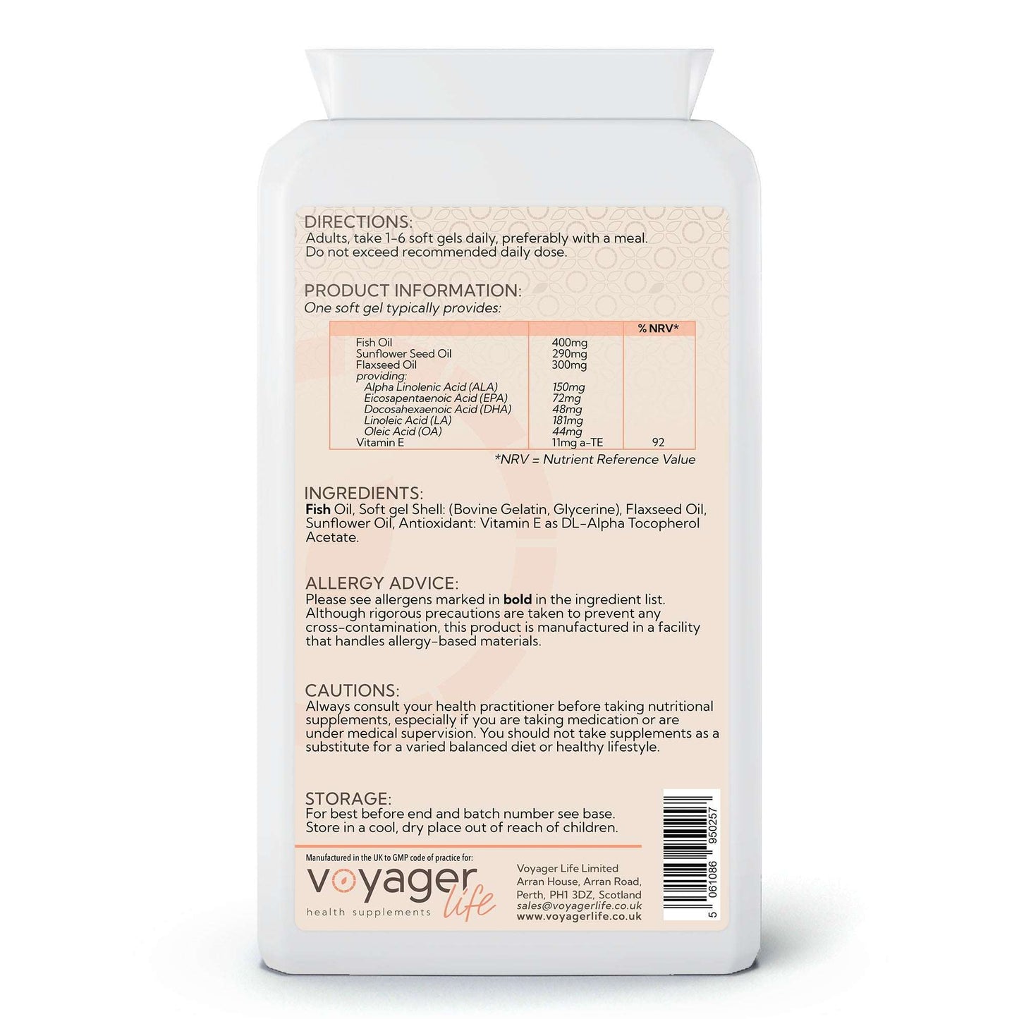 Voyager Omega 3-6-9 Fish Oil 1,000mg 90 Softgels - back view