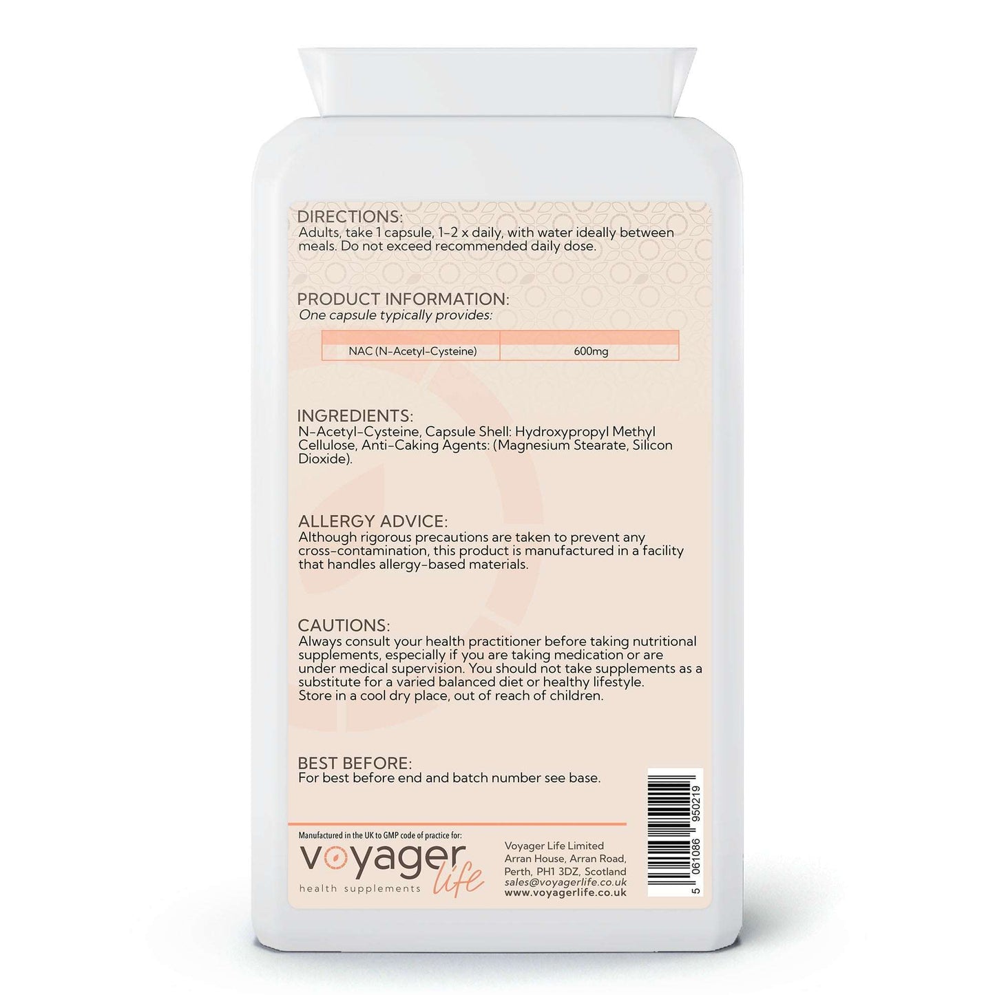 Voyager NAC N-Acetyl Cysteine 600mg 120 Capsules - back view