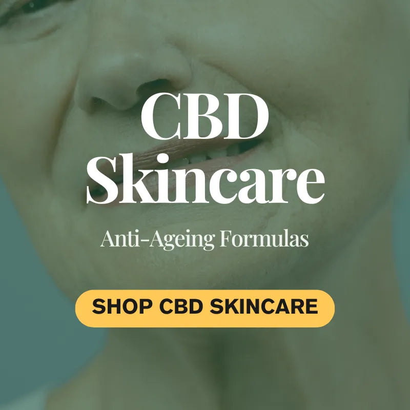 Advertisement for anti-ageing CBD skincare with a blurred background and text overlay.