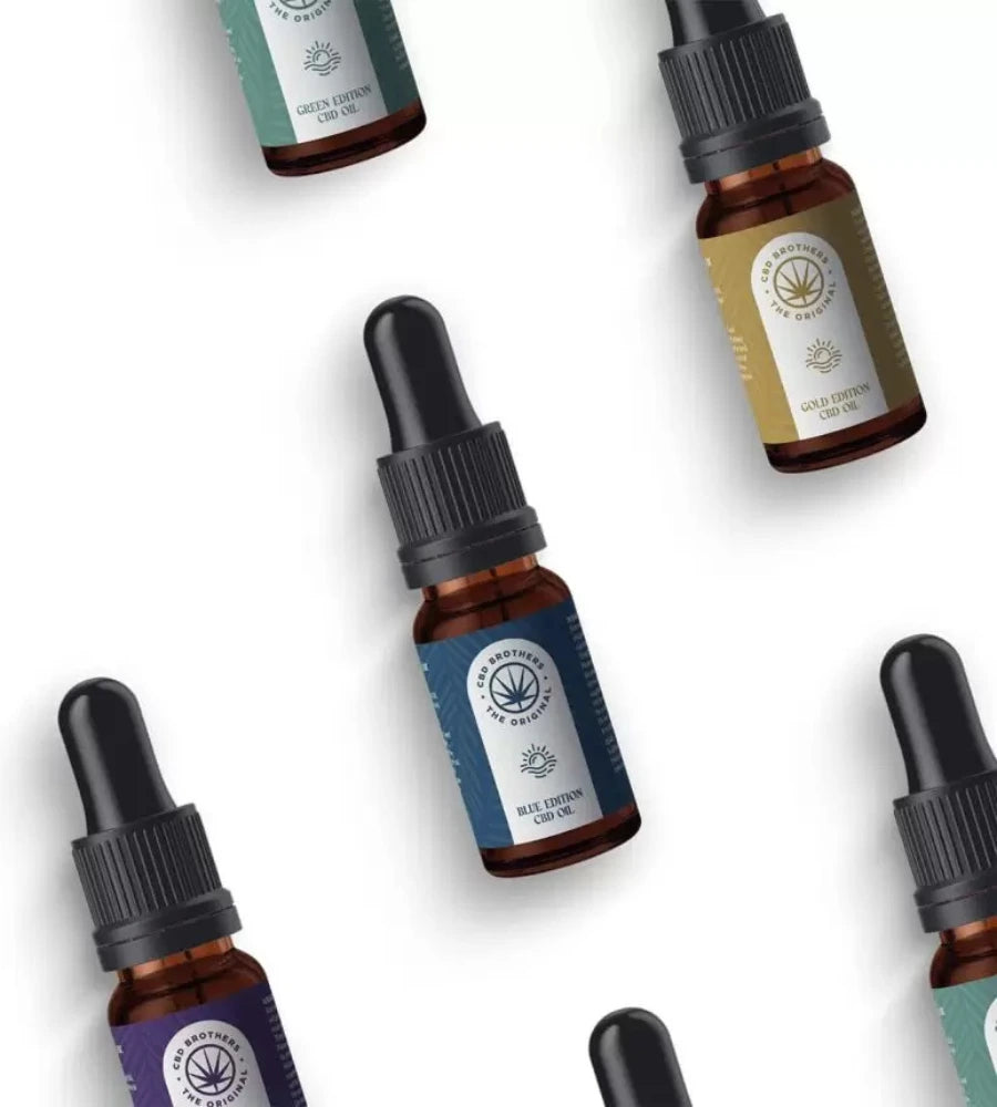 Collection of the CBD Brothers oils. Including the Blue, Gold, Purple & Green edition | The CBD Hut