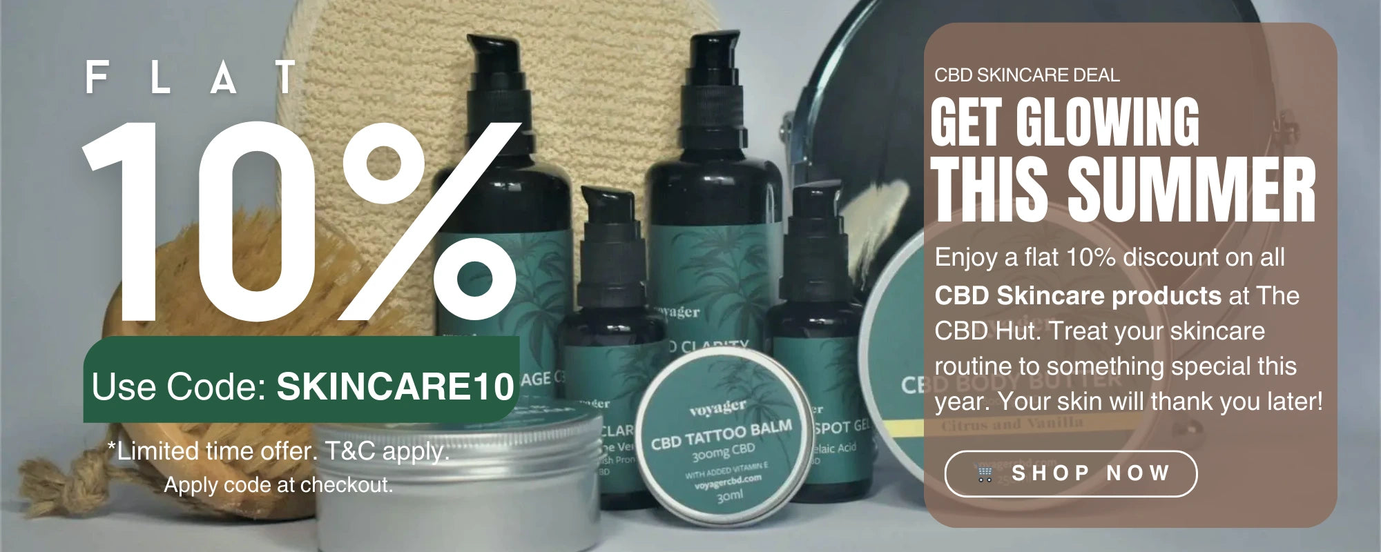CBD skincare products with promotional text and discount offer.