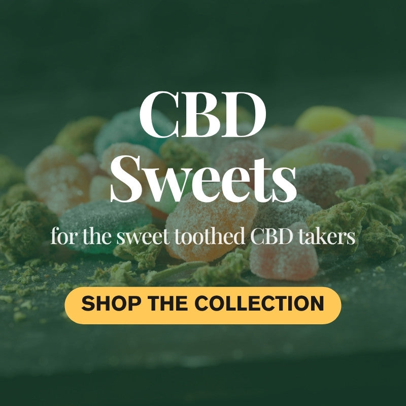 CBD sweets with promotional text and call to action on a dark green background