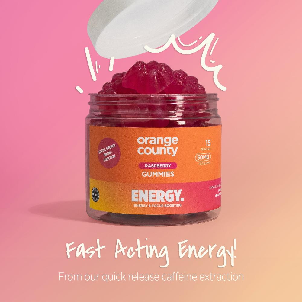 Orange County Energy | Caffeine Raspberry Gummies are fast acting | The CBD Hut