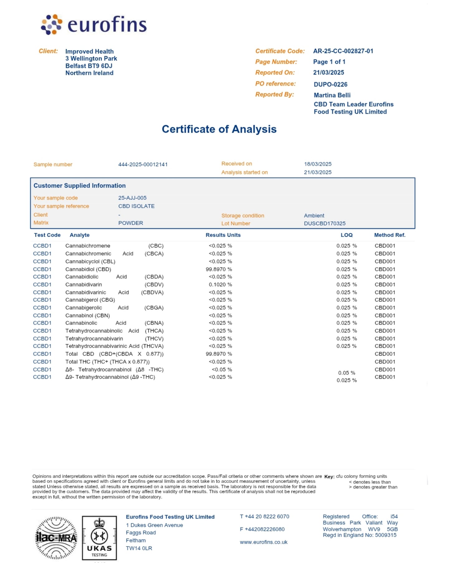 Improved Health CBD Isolate 99.89%+