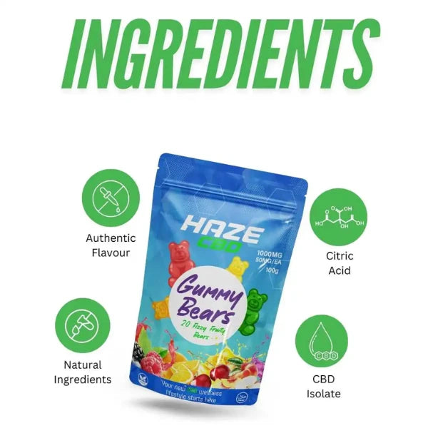 Haze CBD 1000mg Gummy Bears - ingredients | The CBD Hut