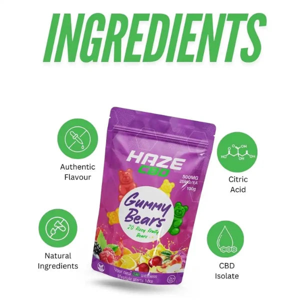 Haze CBD 500mg Gummy Bears ingredients | The CBD Hut