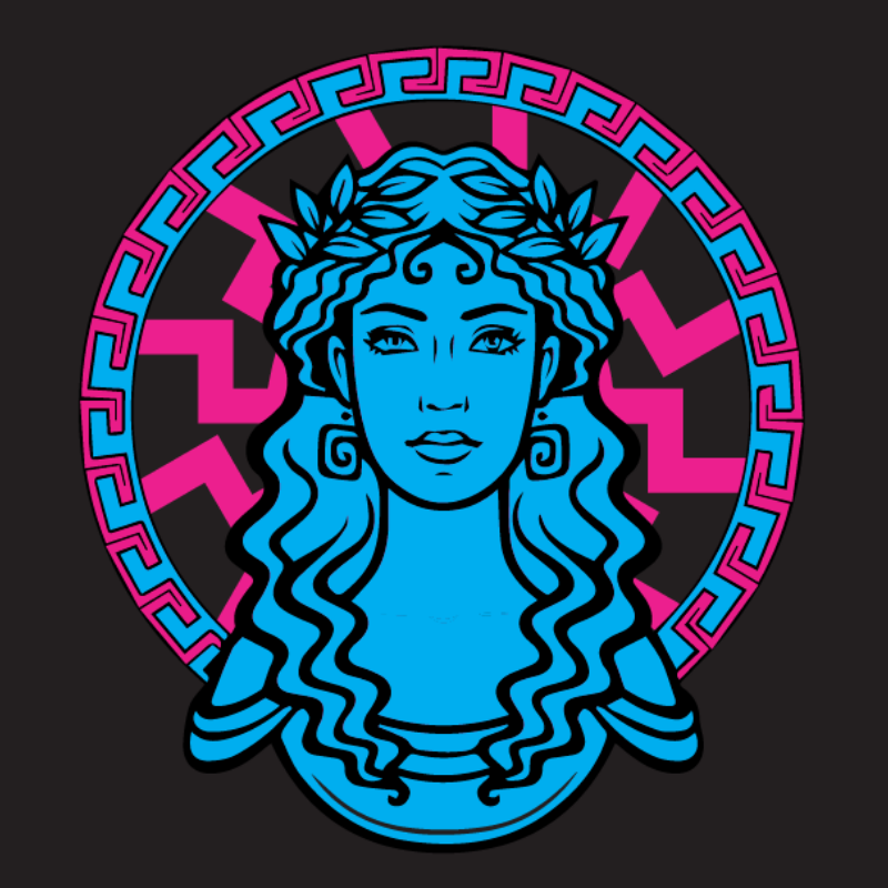 Blue bust of a woman with decorative headpiece against a pink and blue circular pattern on a black background