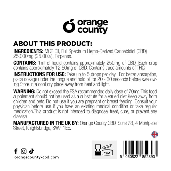 Orange County 25000mg CBD Oil - nutritional information | The CBD Hut