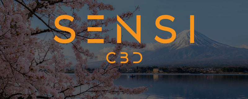 Sensi CBD logo with japan scenery in back ground