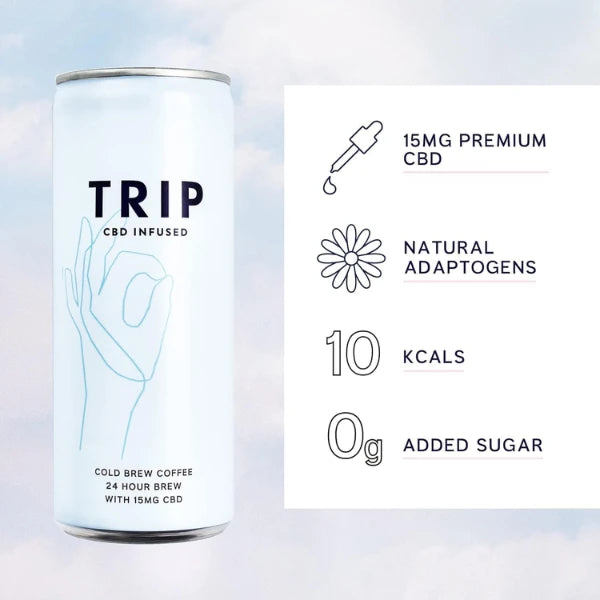 Trip CBD Infused Cold Brew Coffee can with nutritional information on a light blue background | The CBD Hut