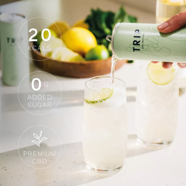 Person pouring a TRIP CBD can into a glass with lemon slices, surrounded by fruits on a kitchen counter. | The CBD Hut
