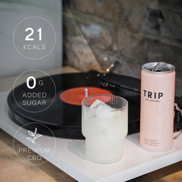 Pink 'TRIP' CBD-infused drink can with a glass of ice on a table. | The CBD Hut