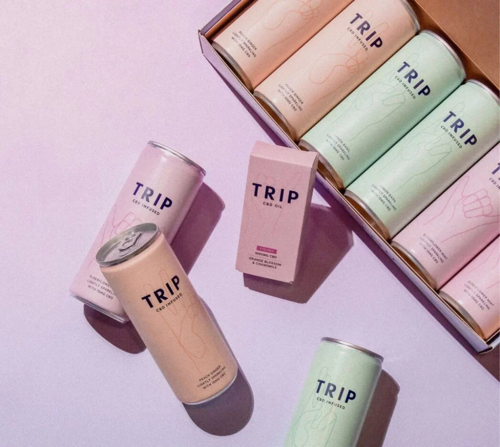 TRIP CBD-Infused seltzers & oils collection - featuring drink flavours such as Lemon & Basil and Peach & Ginger | The CBD Hut