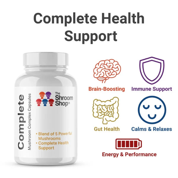 Bottle of 'Complete' mushroom capsules from The Shroom Shop with health benefits icons on a white background. | The CBD Hut