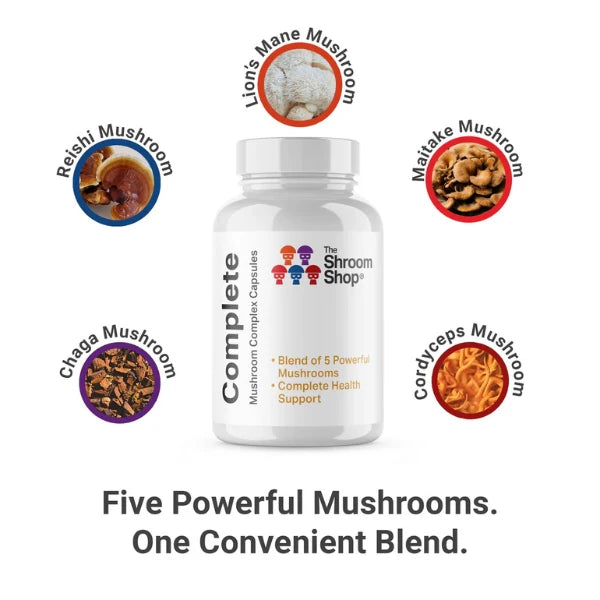 The Shroom Shop Complete Mushroom Complex 750mg Capsules - 150 Caps - five powerful mushrooms in one convenient blend | The CBD Hut