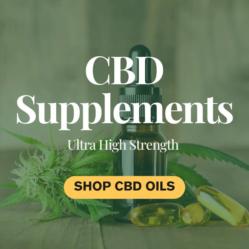 CBD supplement bottle with leaves and capsules on a green background, featuring text 'CBD Supplements Ultra High Strength'