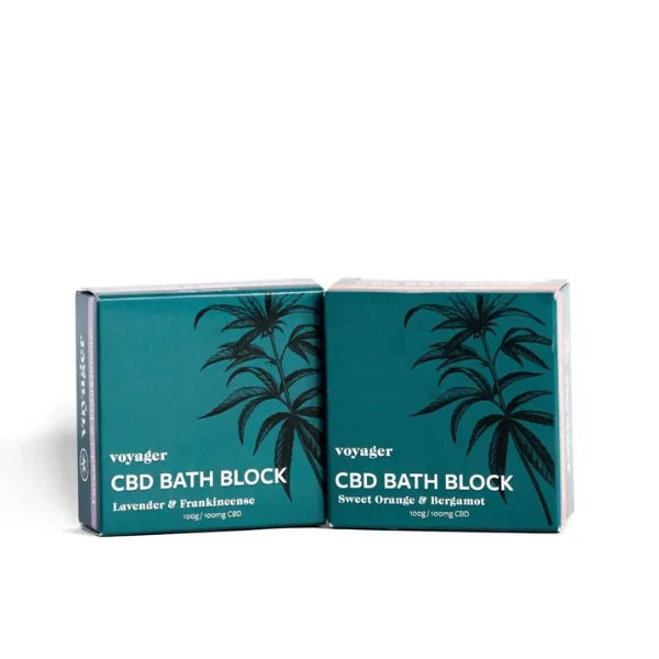 Two teal boxes of Voyager CBD Bath Blocks on a white background | The CBD Hut