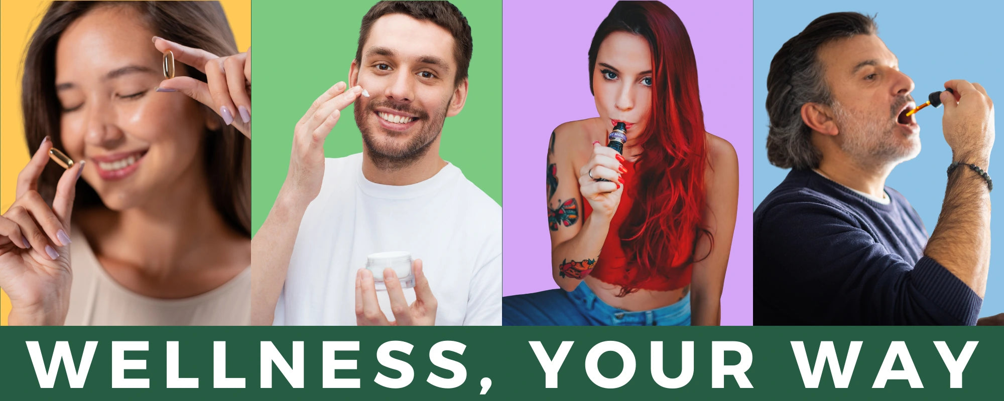 Four people using wellness products with a colourful background and 'Wellness, Your Way' text.