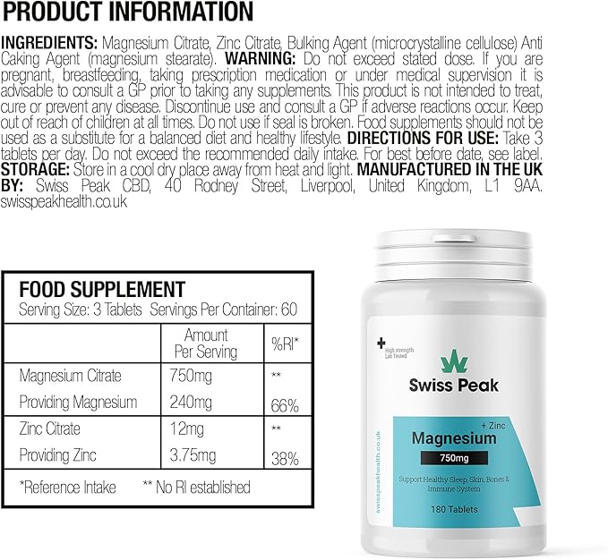 Swiss Peak CBD Magnesium Citrate Tablets 750mg 60 Servings