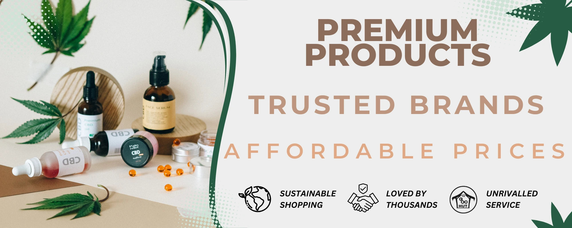 Banner for The CBD Hut featuring products, with text about trusted brands and affordable prices.