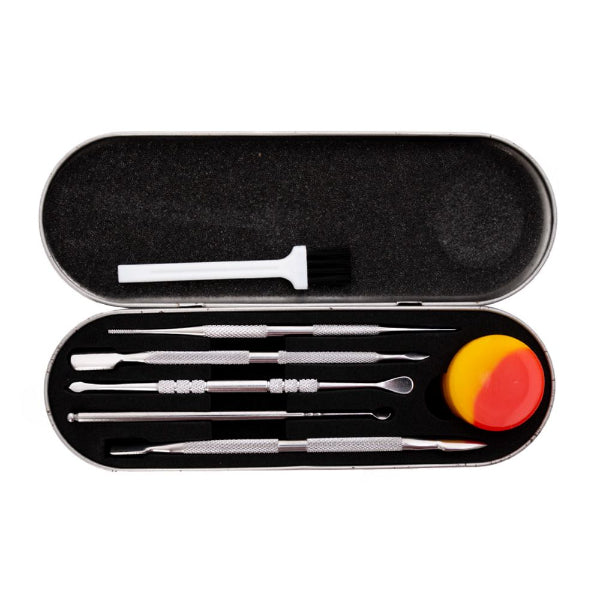 A Happy Guys stainless steel dab tool set including various sized dabbers, a brush, and a silicon slick, displayed in an open black case with a red sponge | The CBD Hut