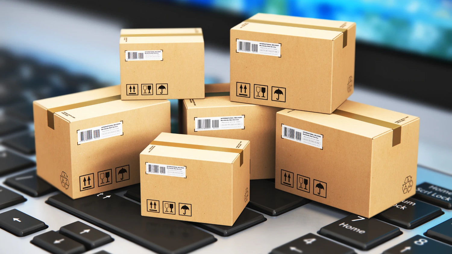 6 micro shipping parcels resting on a laptop. This is implying that all orders from The CBD Hut are delivered fast, almost like they come straight of the laptop screen