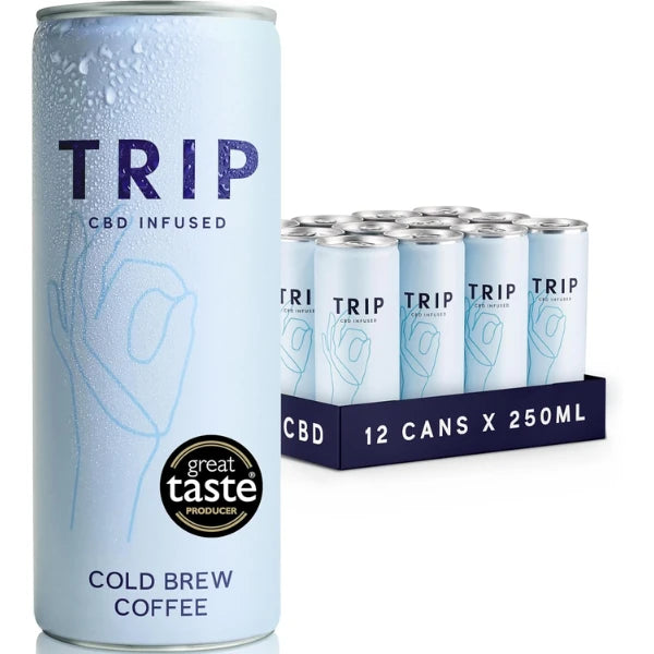 TRIP CBD Infused Cold Brew Coffee can with a box of 12 cans on a white background | The CBD Hut