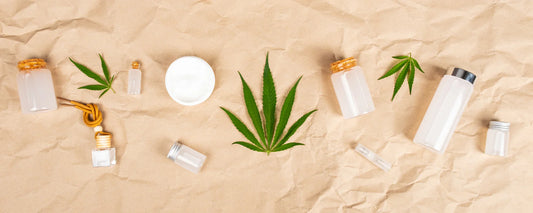 CBD skincare product range including CBD oils, balms and more with hemp leaves surrounding