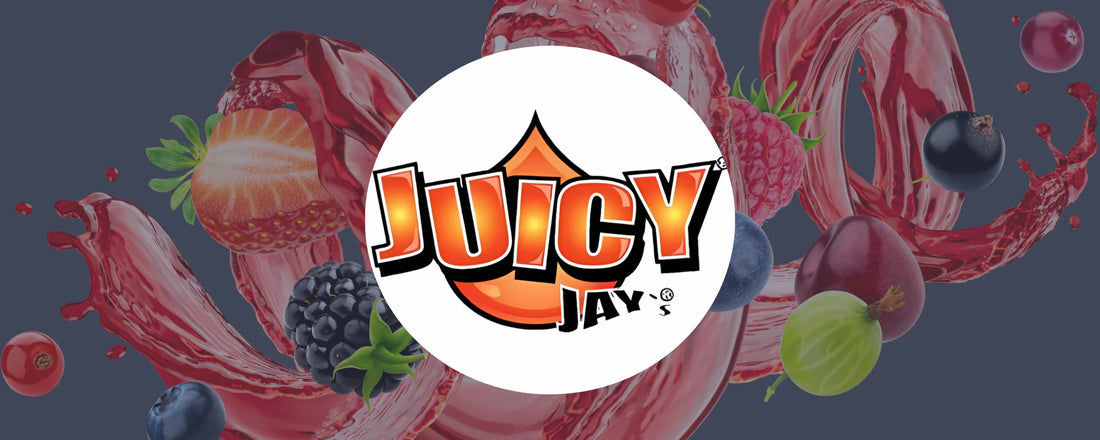 Juicy Jay logo with fruit splash background