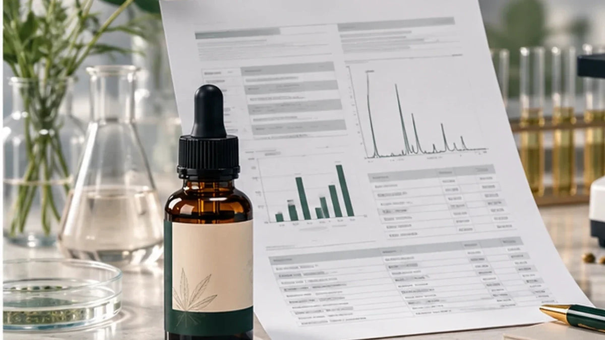 CBD product beside a laboratory report illustrating cannabinoid testing and certificate of analysis checks