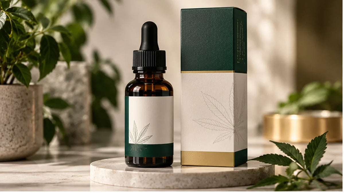 CBD oil bottle and packaging in a premium editorial setting for a CBD product label guide
