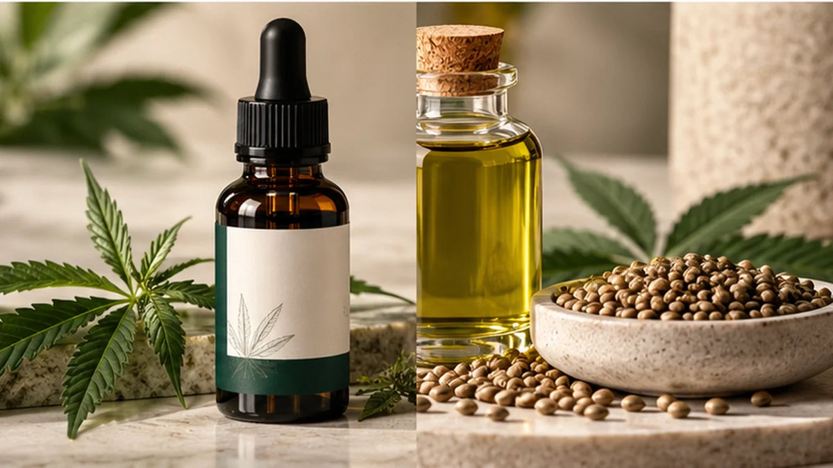 CBD oil dropper beside hemp seed oil and hemp seeds for a side-by-side comparison