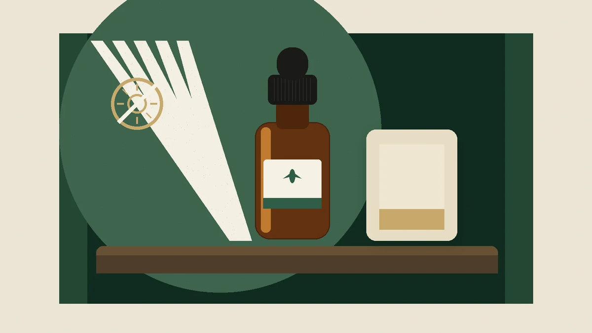 CBD oil bottle stored away from direct light in a dark cupboard for a CBD oil storage and best-before guide