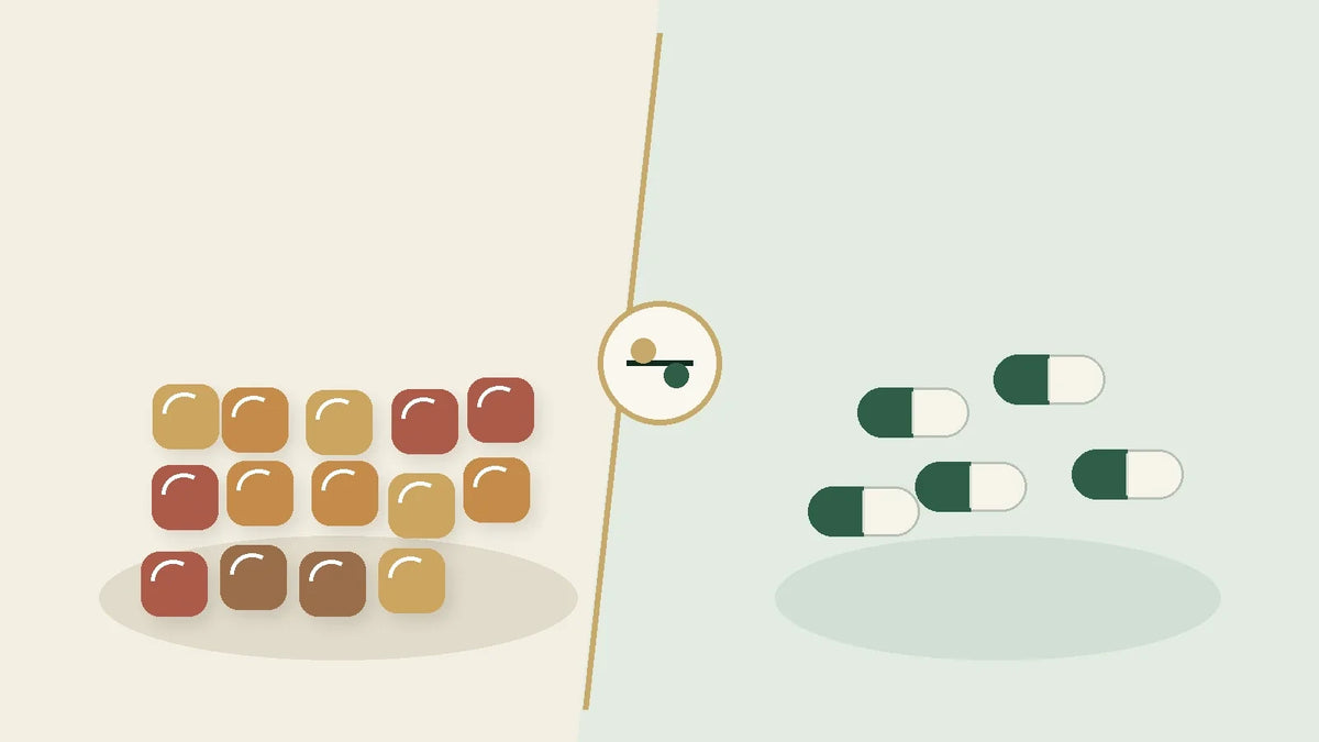 CBD gummies and capsules shown side by side in a measured-format comparison illustration