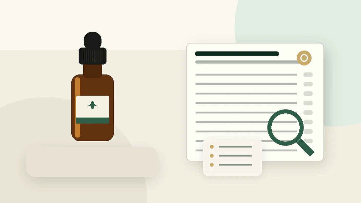 CBD oil bottle beside a searchable document illustration representing the FSA CBD Public List and novel-food checks