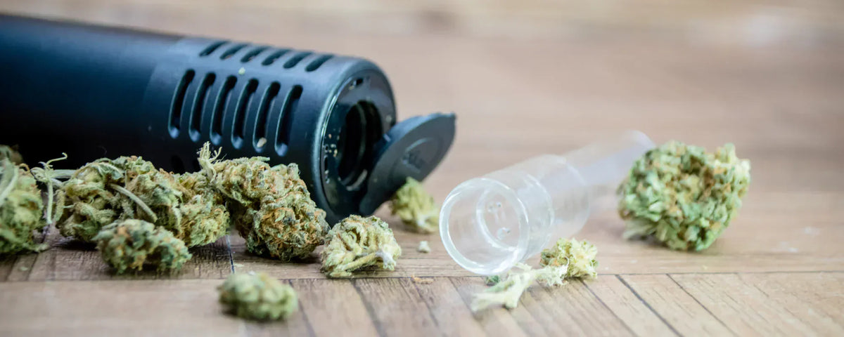 CBD flower and a dry herb vaporiser on a wooden floor